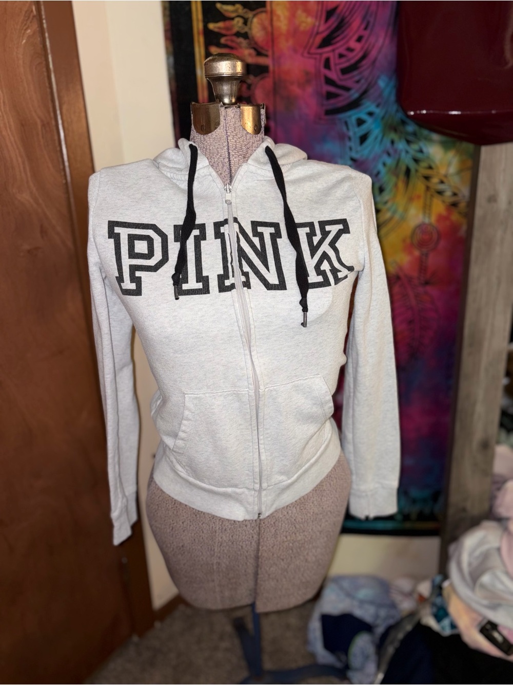 PINK Victoria's Secret Light Gray Zip-Up Hoodie with Black Logo